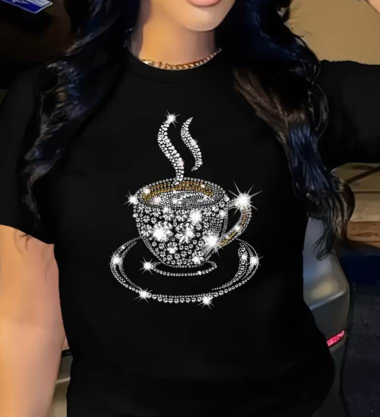 Women Rhinestone Coffee Cup T  - Coffee Tea Name ulasan dan harga